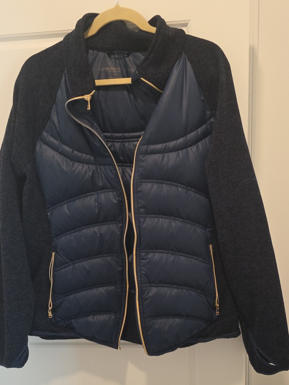 London Fog Navy Quilted Puffer Jacket with Knit Sleeves